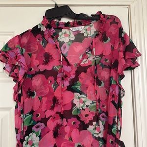 Estelle Mahola Floral MIDI Dress 2X Short Sleeve Lightweight Tie Neck Full Slip